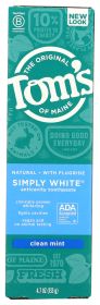 TOM'S OF MAINE:  Simply White Fluoride Toothpaste Clean Mint, 4.7 oz